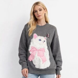 NWT AELFRIC EDEN Gray Cat Sweater Crew Neck Fuzzy Appliqué Pink Butterfly Sz M